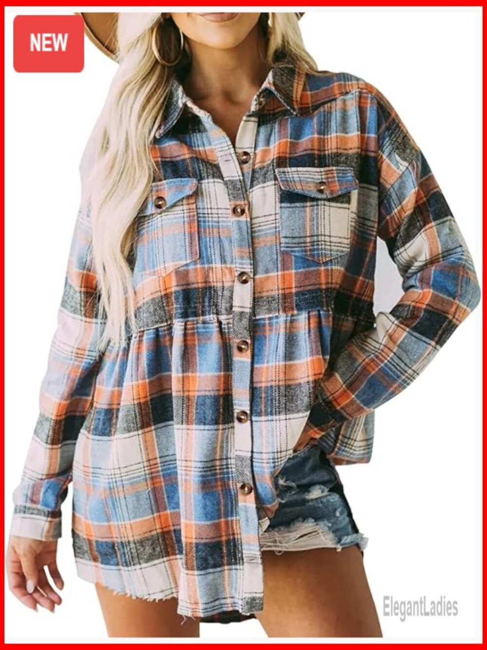 Oversized Plaid Button Down Shirt Peplum Babydoll Jacket Long Sleeve Blouse